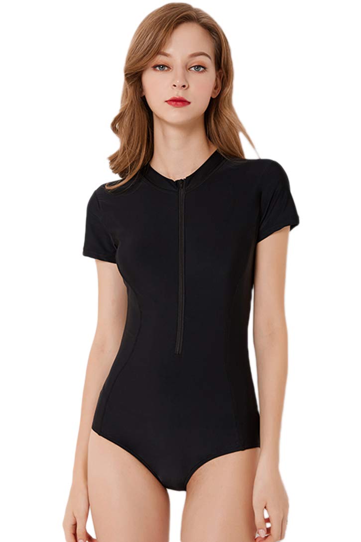 Micosuza Womens Rash Guard Short Sleeve Zip Printed One Piece Swimsuit - Image 1